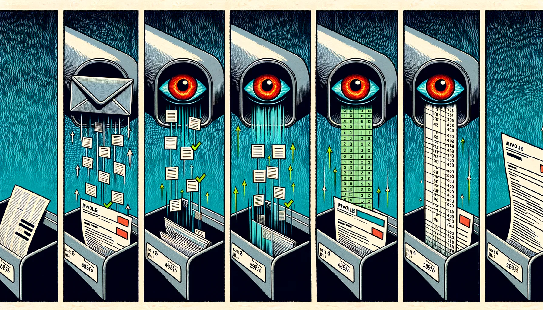 Four-panel comic strip showing the email-to-invoice automation pipeline: receive, extract, build invoice, sync to Xero
