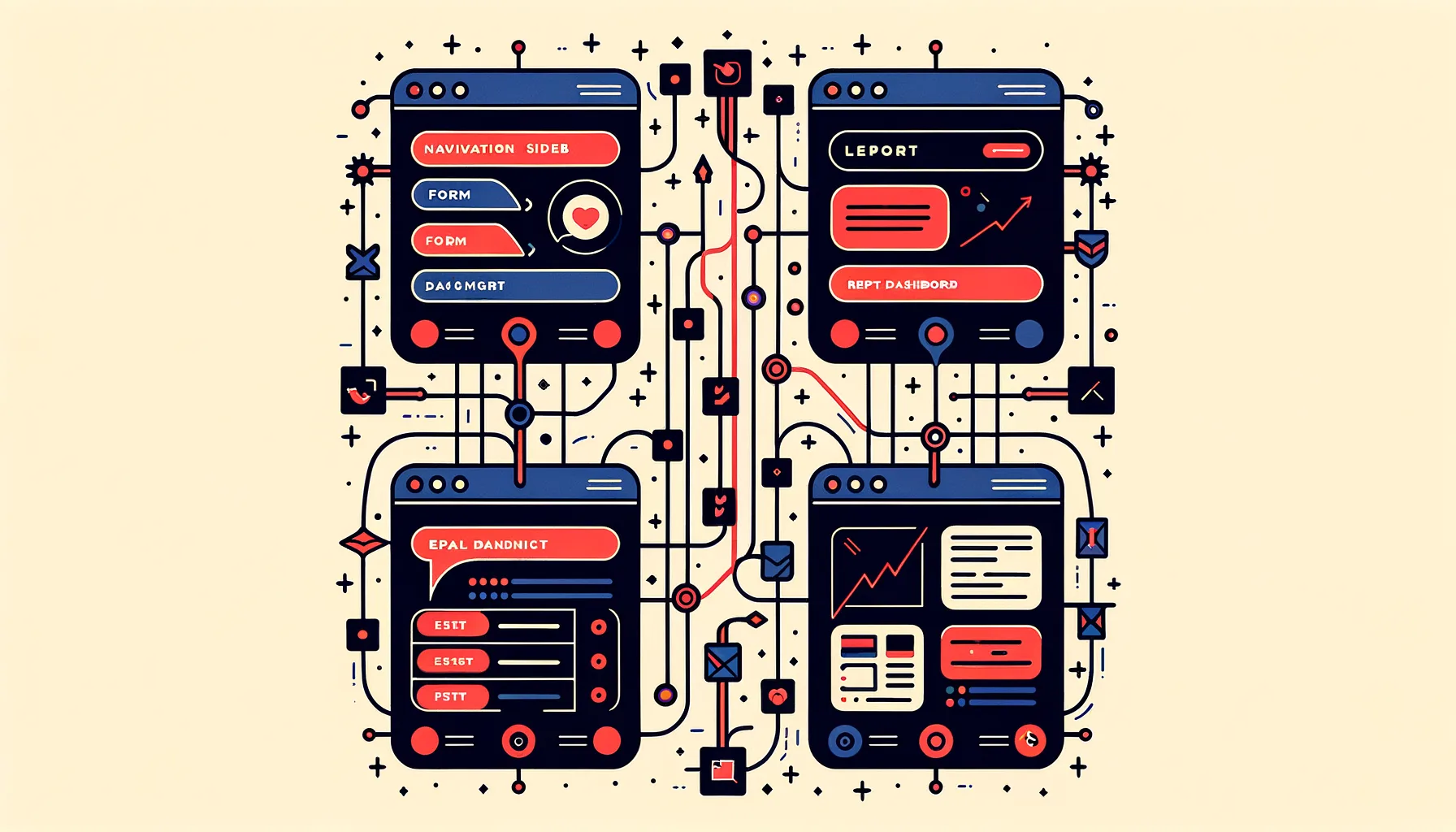 Four UI panels connected by a single red thread showing consistent property-specific labels across navigation, forms, reports, and emails