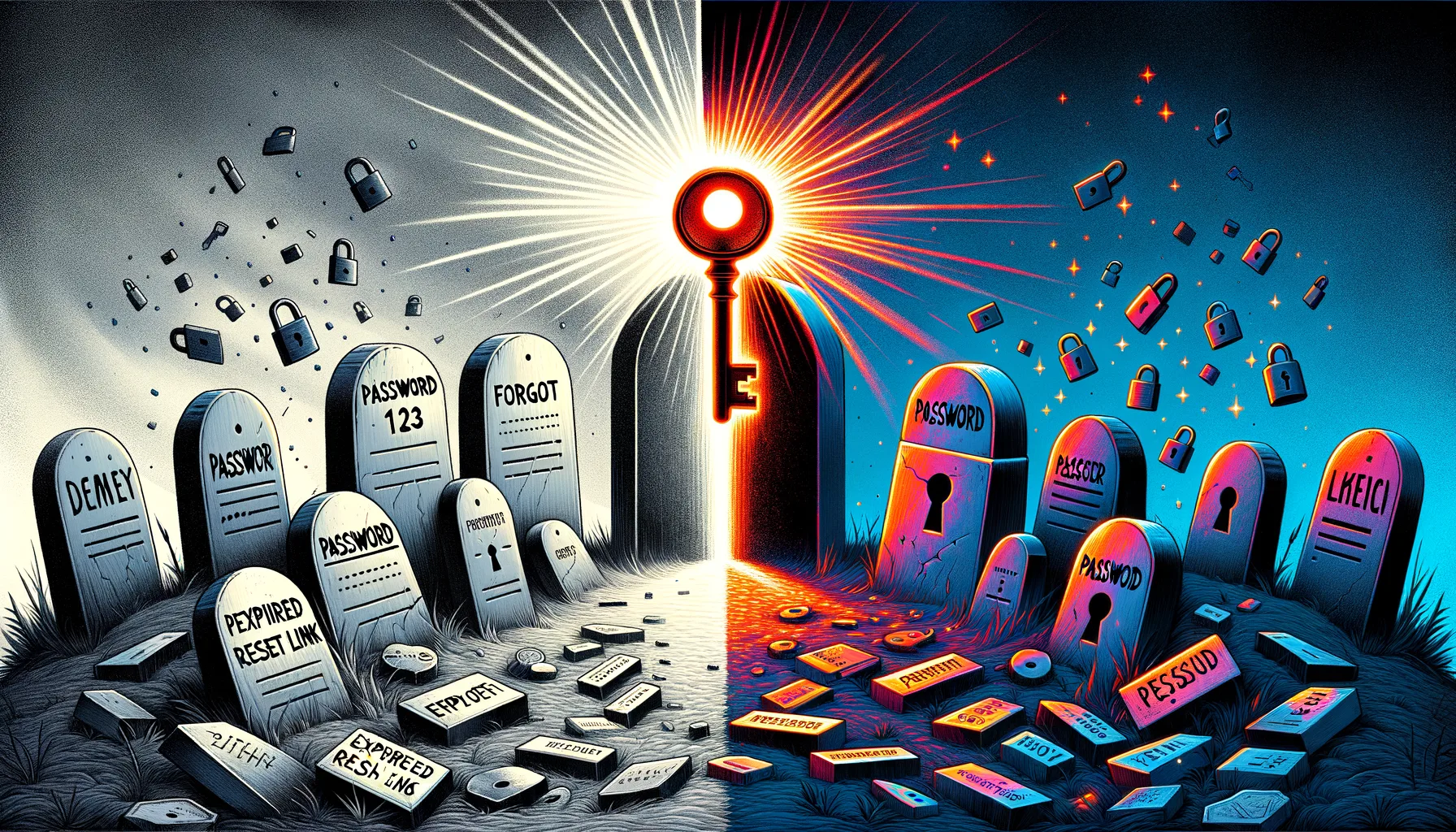 A password graveyard on the left contrasted with a glowing magic link key emerging from an envelope on the right