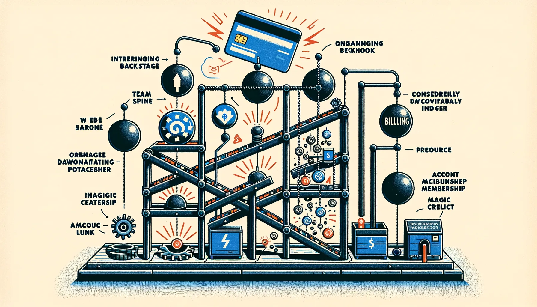 A Rube Goldberg machine showing the provisioning cascade from Stripe payment through webhook, billing, and account creation