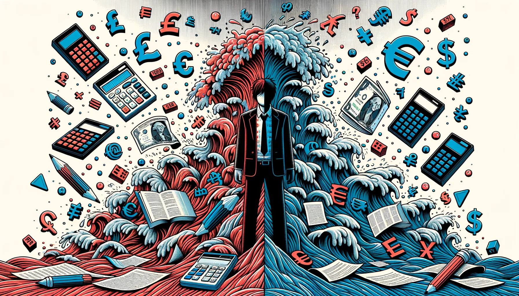 Split illustration: a person drowning in chaotic currency spreadsheets on the left, standing calmly on organised currency layers on the right