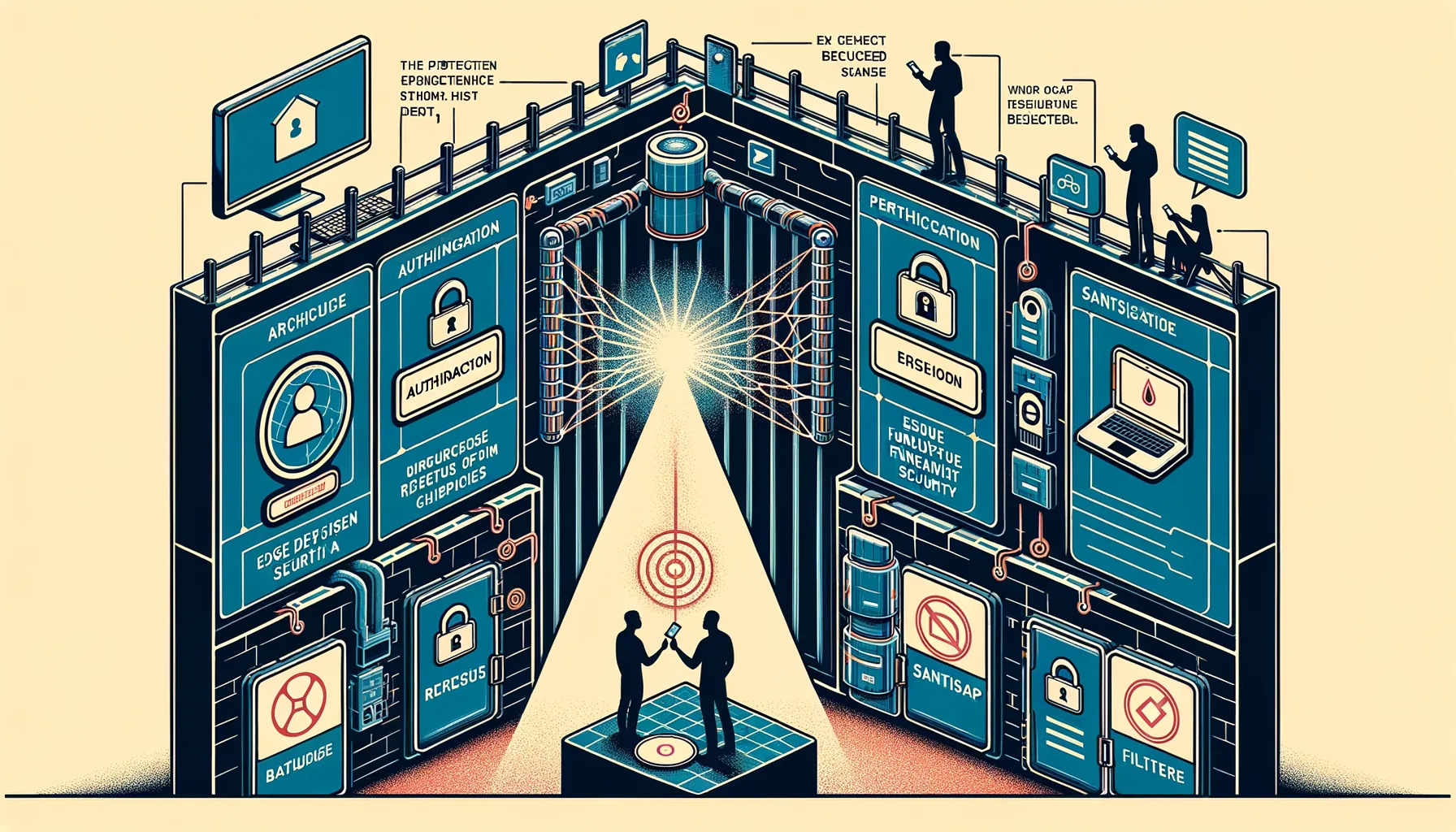 Cross-section illustration showing requests passing through authentication, permission, and sanitisation gates before reaching the database