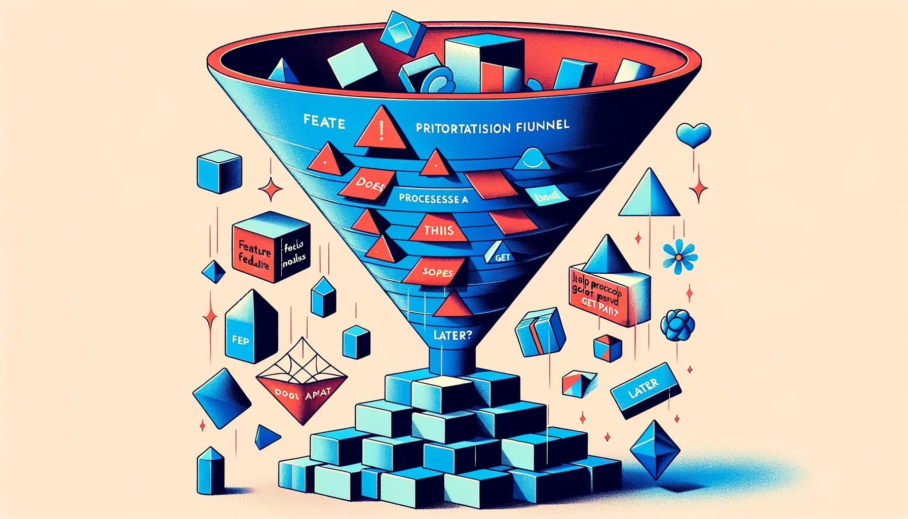 Illustration of a prioritisation funnel filtering feature ideas through the question of revenue impact